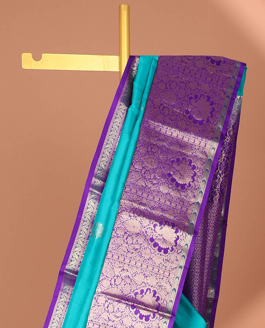 Blue floral buttas silk saree with contrast traditional zari design border & intricate zari design pallu