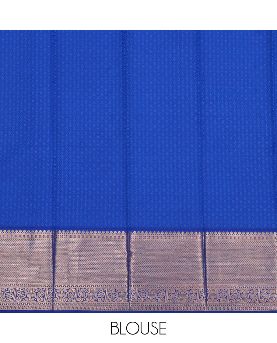 Blue jacquard Kanchipuram wedding silk saree, contrast traditional zari design border, and jaal pallu