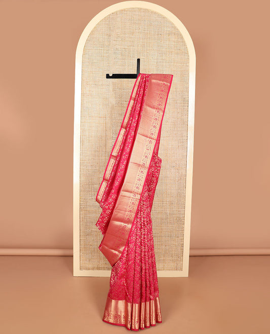 Red jaal design kancheepuram silk saree  with self border of rekku, muthu, banras, kodi visiry design & zari design pallu