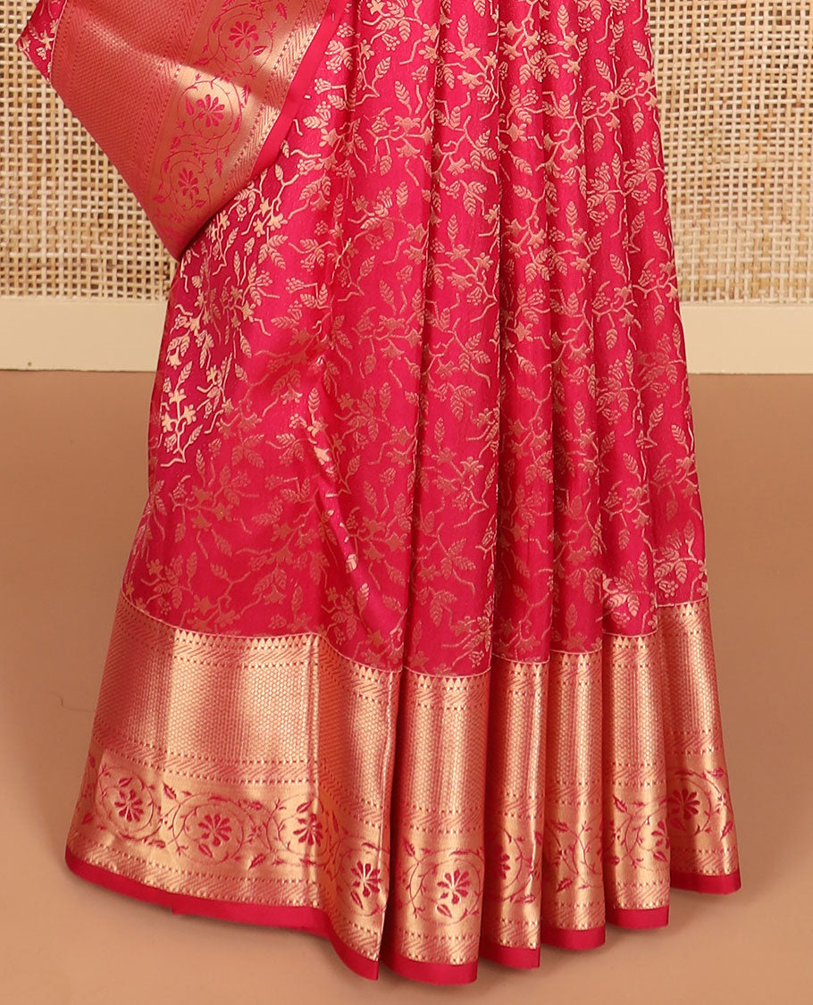 Red jaal design kancheepuram silk saree  with self border of rekku, muthu, banras, kodi visiry design & zari design pallu