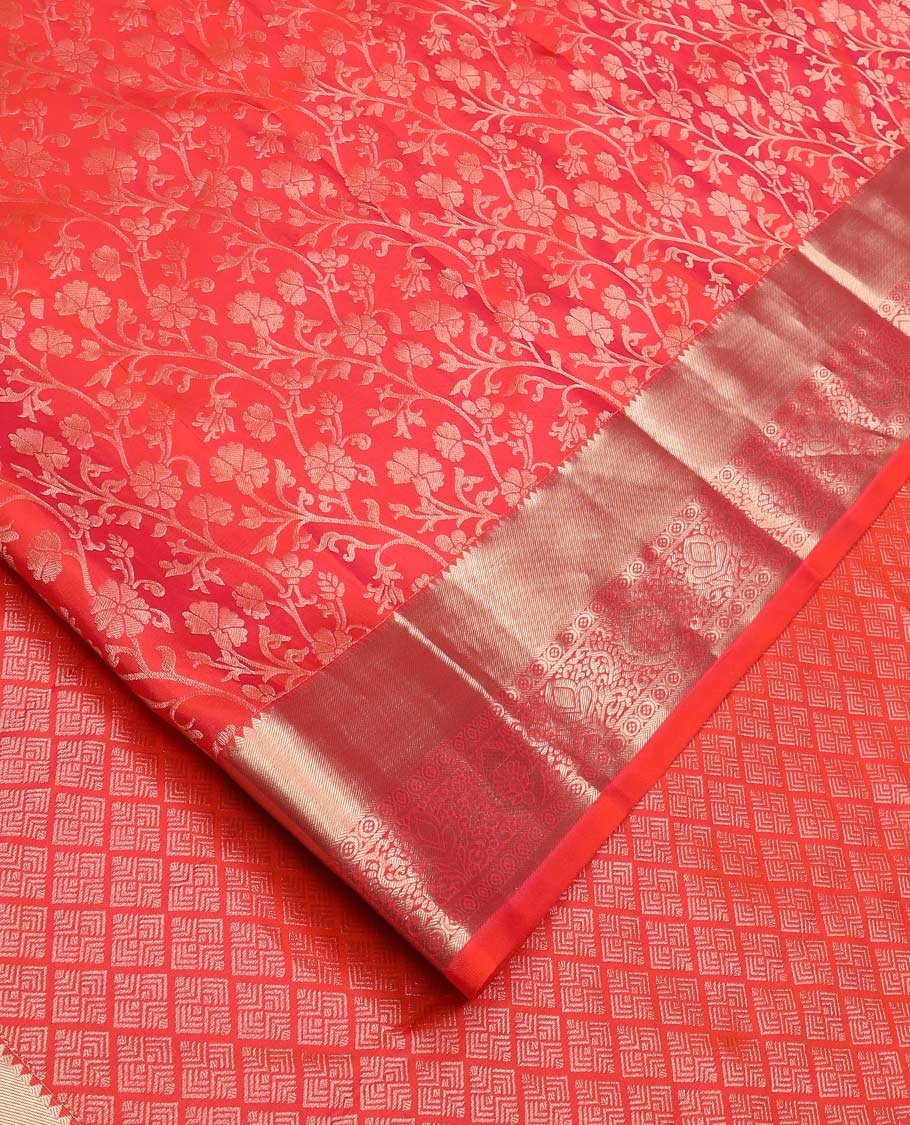 Red floral jaal jacquard wedding silk saree, zari border of traditional designs, and jaal pallu