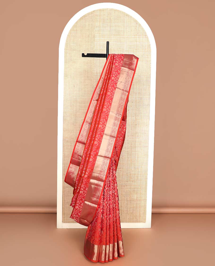 Red floral jaal jacquard wedding silk saree, zari border of traditional designs, and jaal pallu