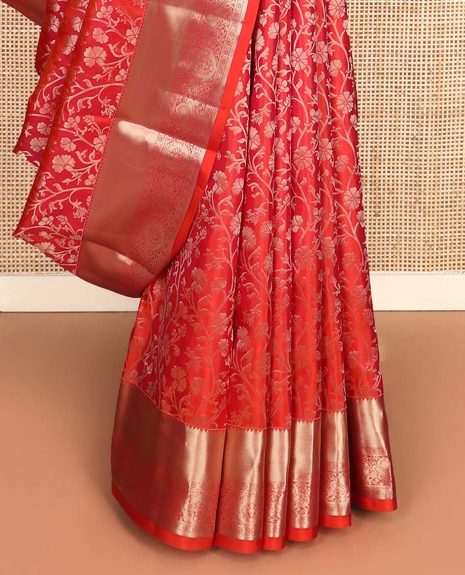 Red floral jaal jacquard wedding silk saree, zari border of traditional designs, and jaal pallu