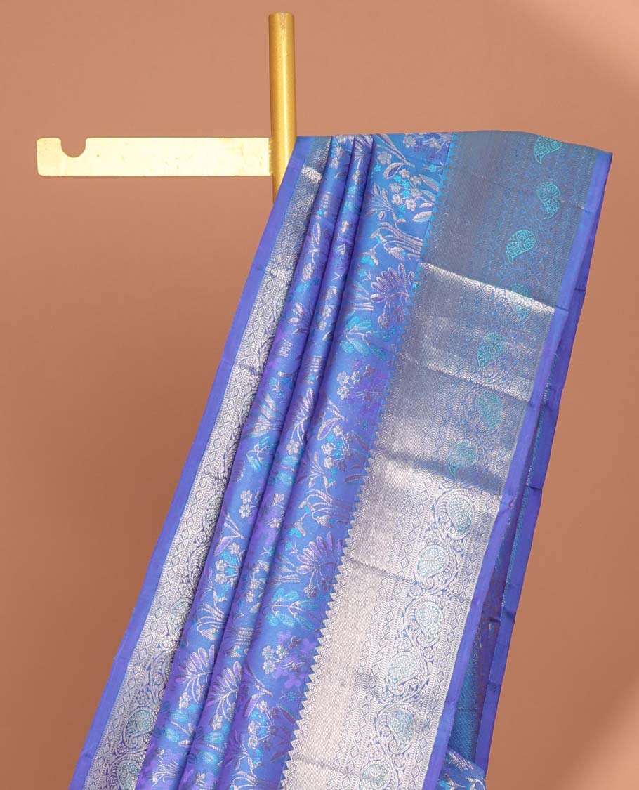 Blue floral jacquard kancheepuram silk saree with self zari design & taditional zari design pallu