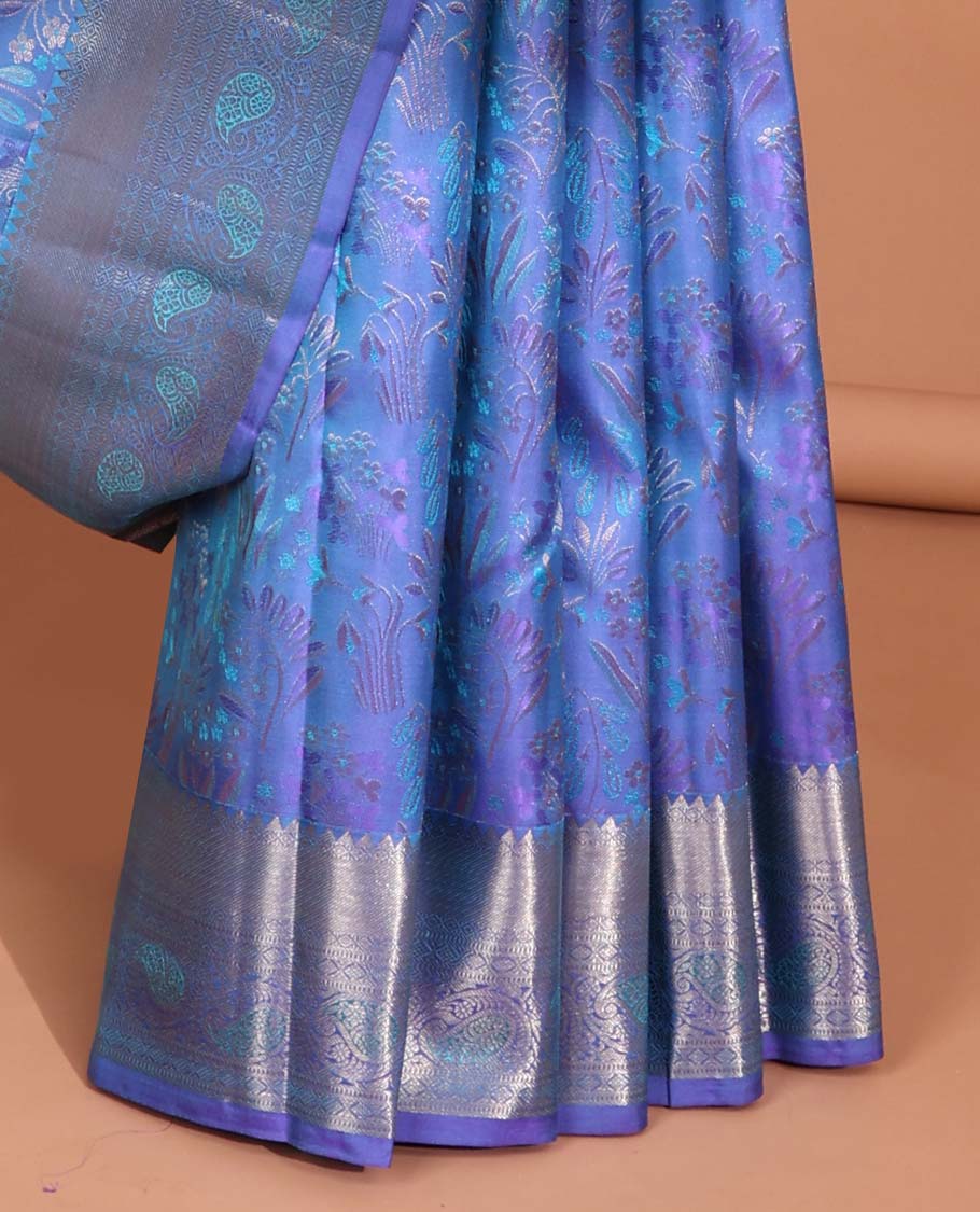 Blue floral jacquard kancheepuram silk saree with self zari design & taditional zari design pallu
