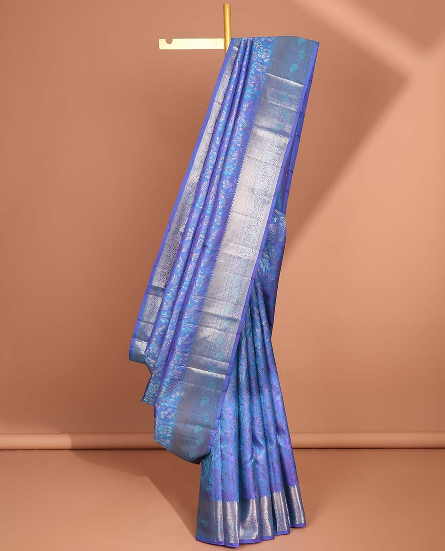 Blue floral jacquard kancheepuram silk saree with self zari design & taditional zari design pallu