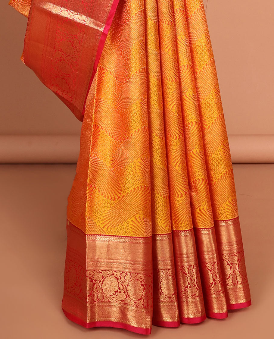 Orange unique zari design kancheepuram silk saree with contrast border of rekku, muthu, kodi visiry design & zari design pallu