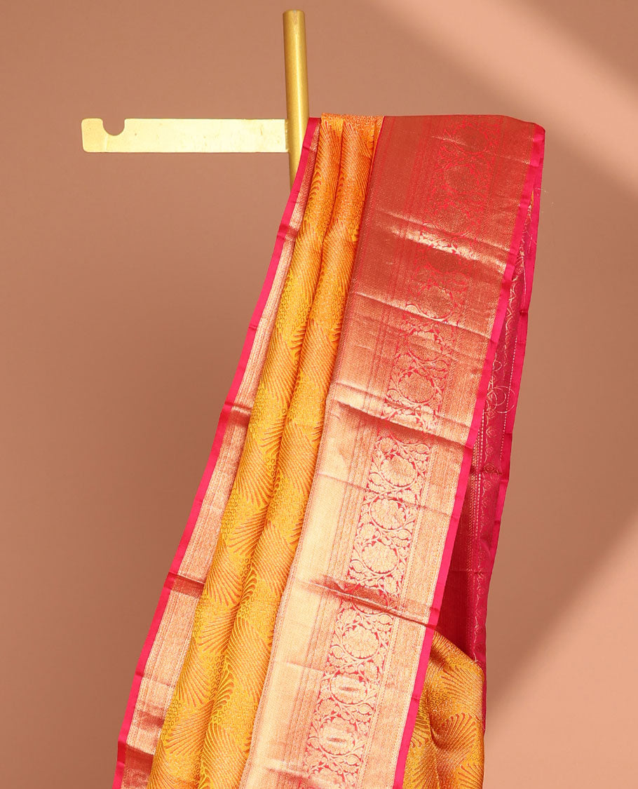 Orange unique zari design kancheepuram silk saree with contrast border of rekku, muthu, kodi visiry design & zari design pallu