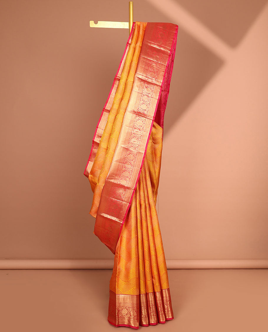 Orange unique zari design kancheepuram silk saree with contrast border of rekku, muthu, kodi visiry design & zari design pallu