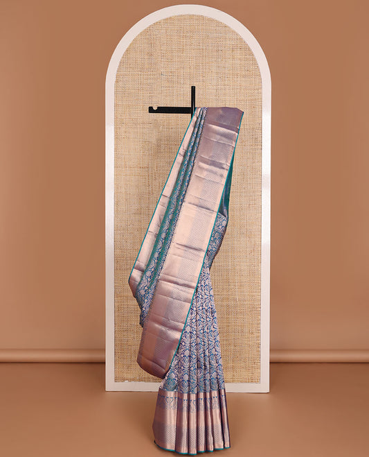 Blue jacquard wedding silk saree, zari border of rekku,Muthu,kazhugu & jaal design & pallu of animal motifs in zari