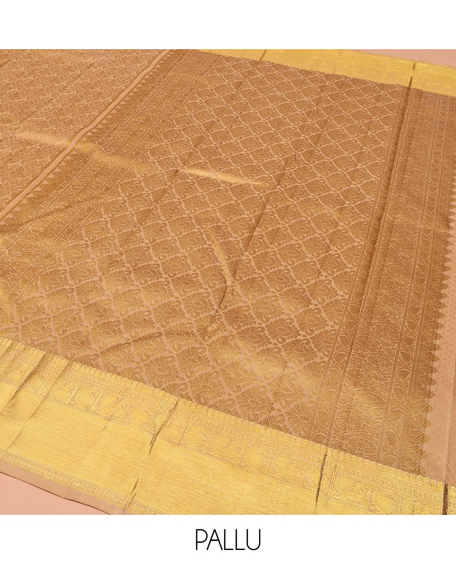 Gold Kanchipuram Wedding Silk Saree, Delicately Woven with Jacquard Design On Its Body, Highlighted by Zari Border of Manga Moklu, Manga, and Mayil Designs, Grand Pallu and Paired with Matching Blouse