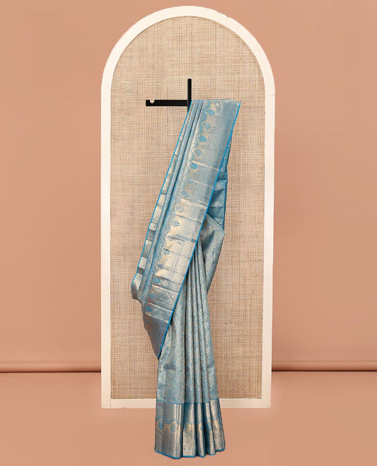 Blue Kanchipuram Wedding Silk Saree, Prettified with Jacquard Designs on Its Body, Highlighted by a Zari Border of Geometric Designs, Grand Jaal Patterned Pallu, and Paired with a Matching Blouse