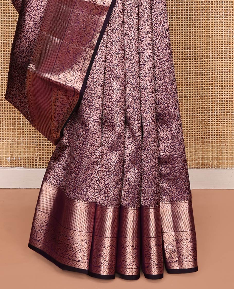 Purple Kanchipuram Wedding Silk Saree, Elevated with Jacquard Design on Its Body, Highlighted by Zari Border of Rekku, Jaal, and Floral Designs, Grand Jaal Pallu, and Paired with a Matching Blouse