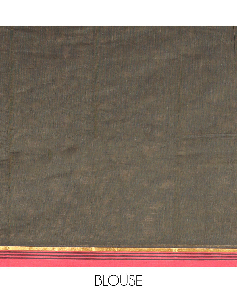 Green Kanchi Cotton Saree, Delicately Woven with Stripes and Buttas All Over Its Body, Complemented by Contrast Border, Jaal Pallu and Paired with a Matching Blouse