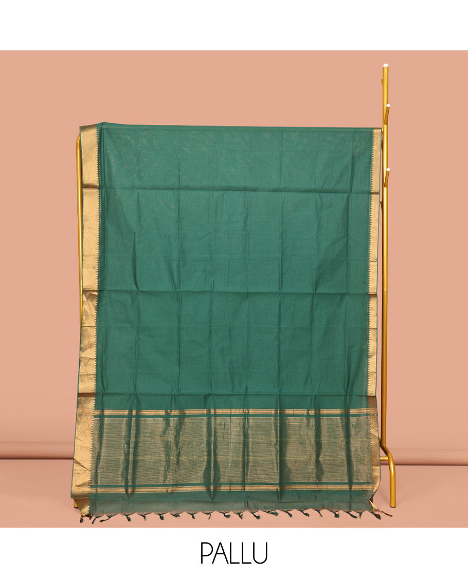 Dark Green Sparsely Striped Mangalgiri Cotton Saree, Highlighted by a Zari Border, Gleaming Zari-Striped Pallu, and Paired with a Matching Blouse Blouse