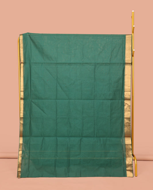 Dark Green Sparsely Striped Mangalgiri Cotton Saree, Highlighted by a Zari Border, Gleaming Zari-Striped Pallu, and Paired with a Matching Blouse Blouse