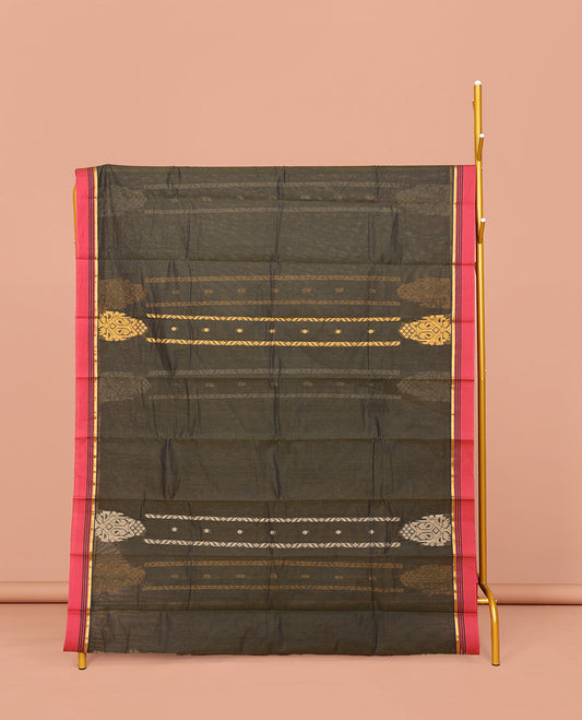 Green Kanchi Cotton Saree, Delicately Woven with Stripes and Buttas All Over Its Body, Complemented by Contrast Border, Jaal Pallu and Paired with a Matching Blouse
