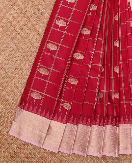 Red floral zari butta enclosed checked gift saree, contrast traditional zari border, and jaal pallu