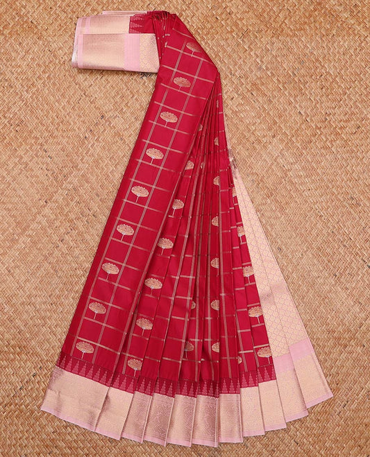 Red floral zari butta enclosed checked gift saree, contrast traditional zari border, and jaal pallu