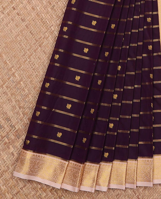 Maroon striped and peacock buttas gift saree, contrast traditional zari design border, and jaal pallu