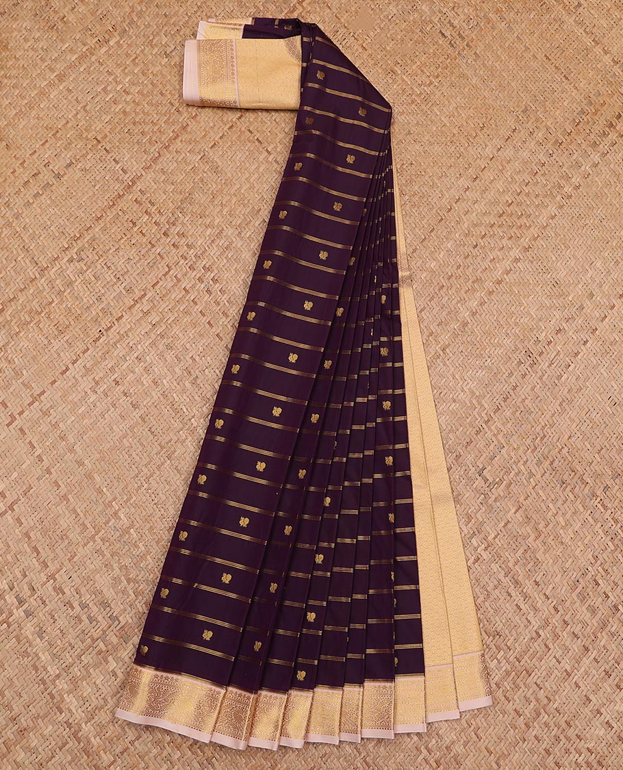 Maroon striped and peacock buttas gift saree, contrast traditional zari design border, and jaal pallu