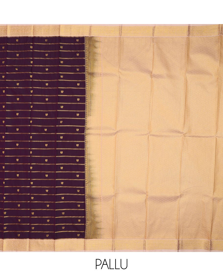 Maroon striped and peacock buttas gift saree, contrast traditional zari design border, and jaal pallu