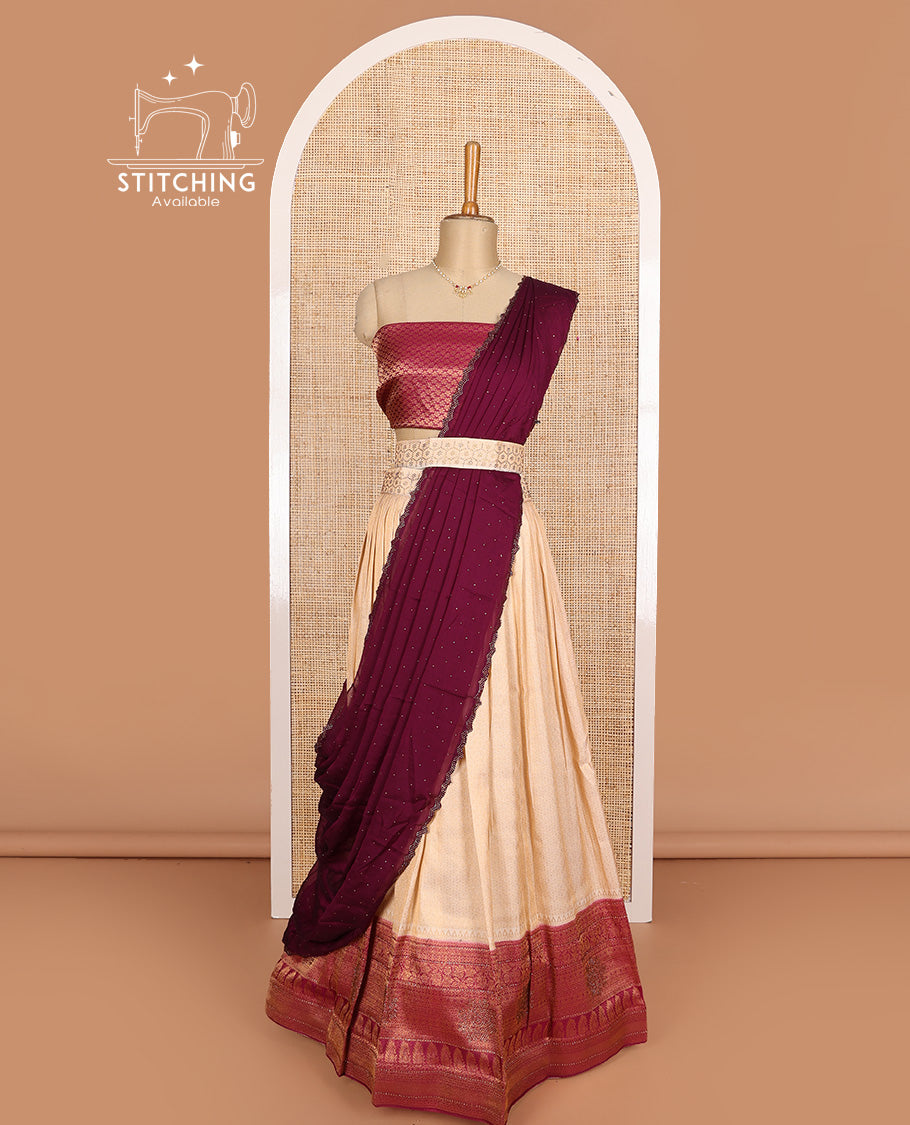 Red art silk half-saree, brocade with contrast traditional border skirt, contrast brocade blouse, scallop stone work dhavani, and detachable belt