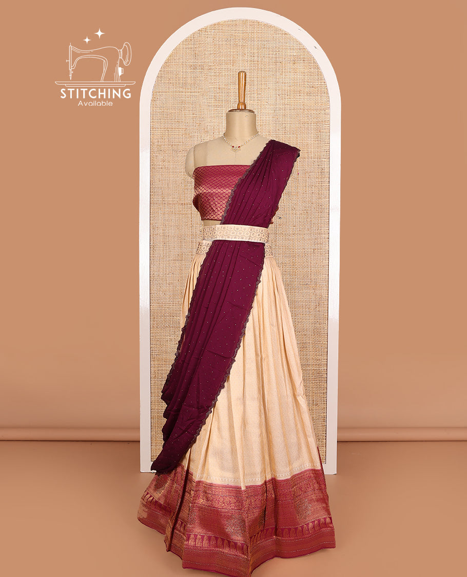 Red art silk half-saree, brocade with contrast traditional border skirt, contrast brocade blouse, scallop stone work dhavani, and detachable belt