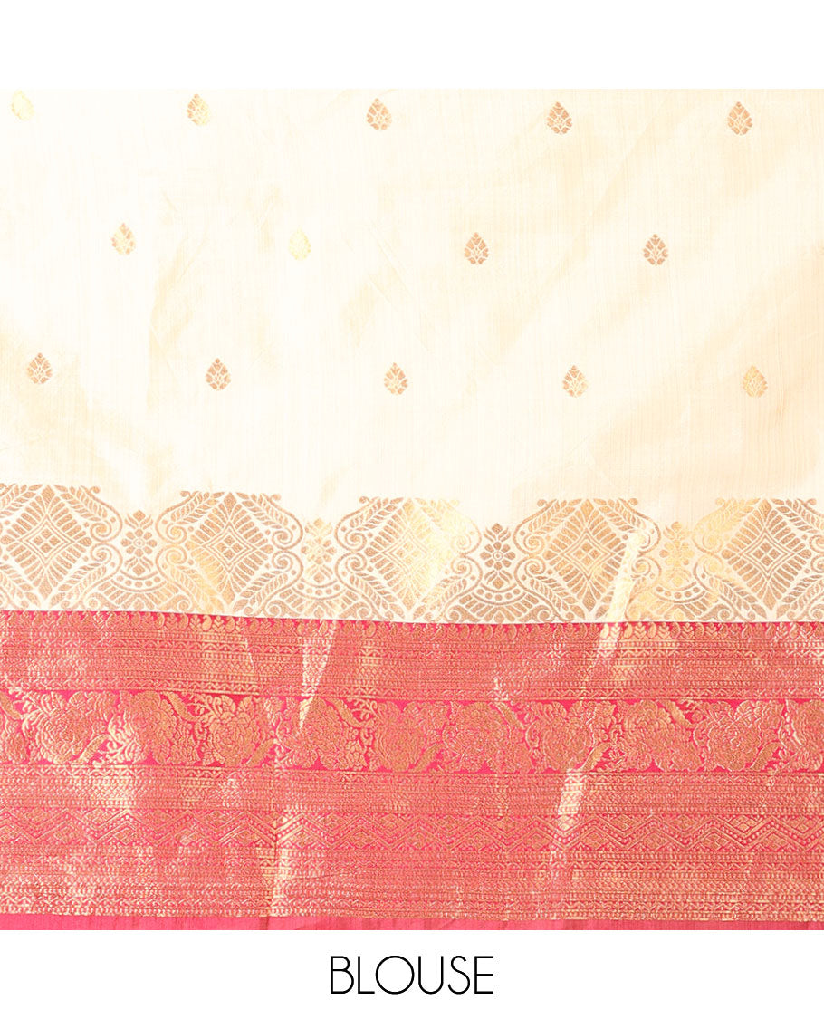 Cream-pink art-silk half-saree, zari buttas with contrast traditional design bordered skirt, a matching blouse, and scallop stone work dhavani