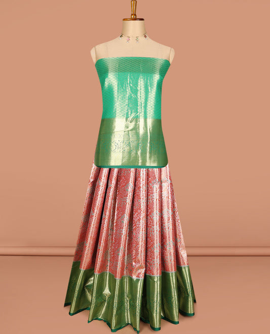 Tomato pink art silk half saree, jacquard with contrast traditional zari border skirt, jacquard contrast blouse and zari woven dhavani