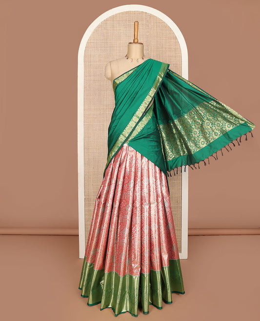 Tomato pink art silk half saree, jacquard with contrast traditional zari border skirt, jacquard contrast blouse and zari woven dhavani