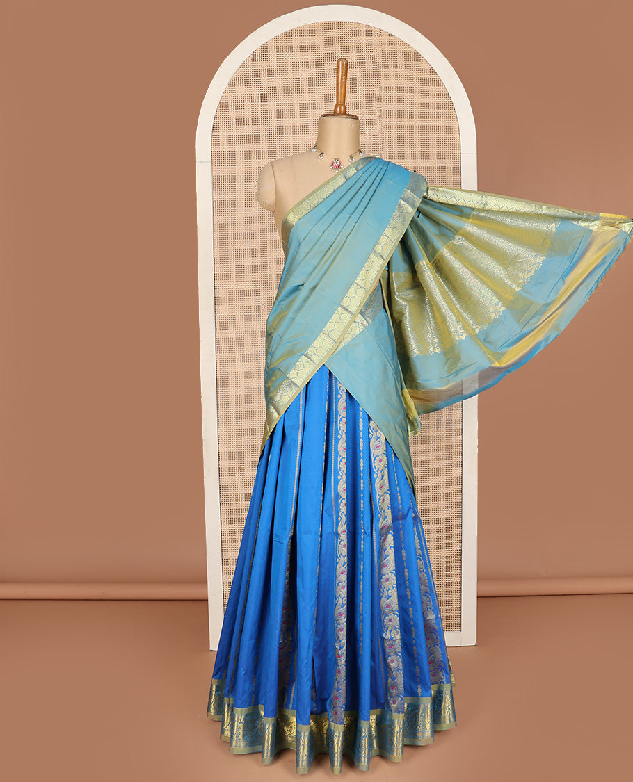 Blue art silk half-saree pavadai material, zari design with contrast traditional bordered skirt, matching blouse, and zari design dhavani