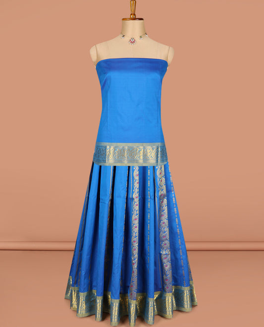 Blue art silk half-saree pavadai material, zari design with contrast traditional bordered skirt, matching blouse, and zari design dhavani