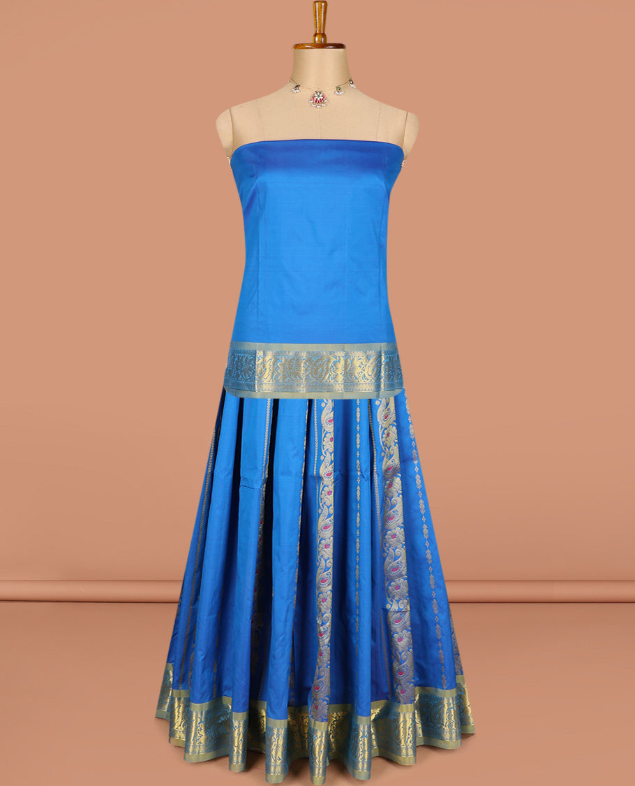 Blue art silk half-saree pavadai material, zari design with contrast traditional bordered skirt, matching blouse, and zari design dhavani