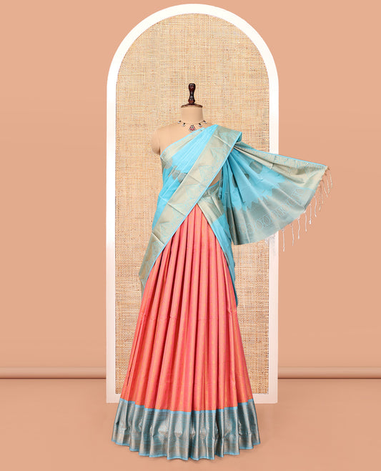 Pink-Peach Art Silk Half-Saree Pavadai Material, Woven with Zari-Buttas Skirt, a Contrast Traditional Border, Contrast Blouse, and Intricate Dhavani