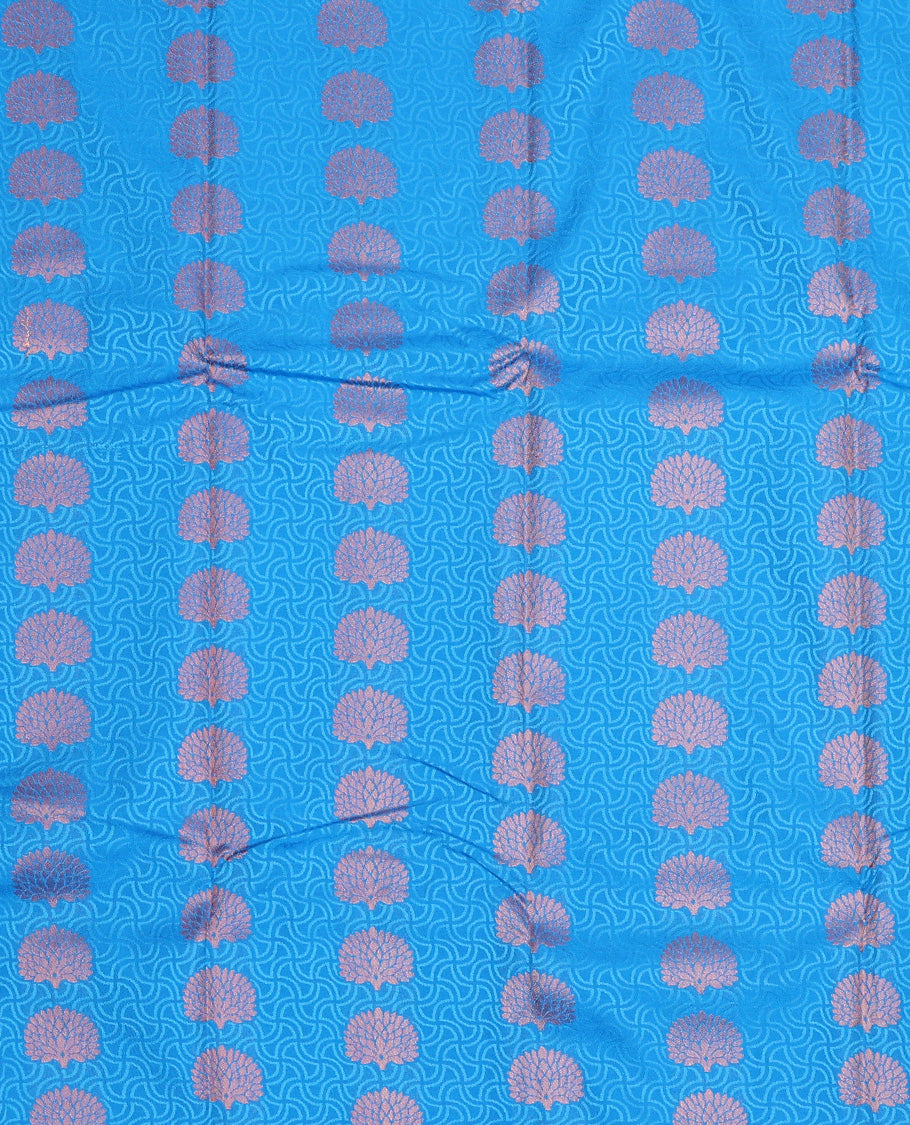 Azure blue art silk pavadai set, embossed, zari buttas and contrast traditional zari bordered skirt and a contrast dual-toned zari border blouse