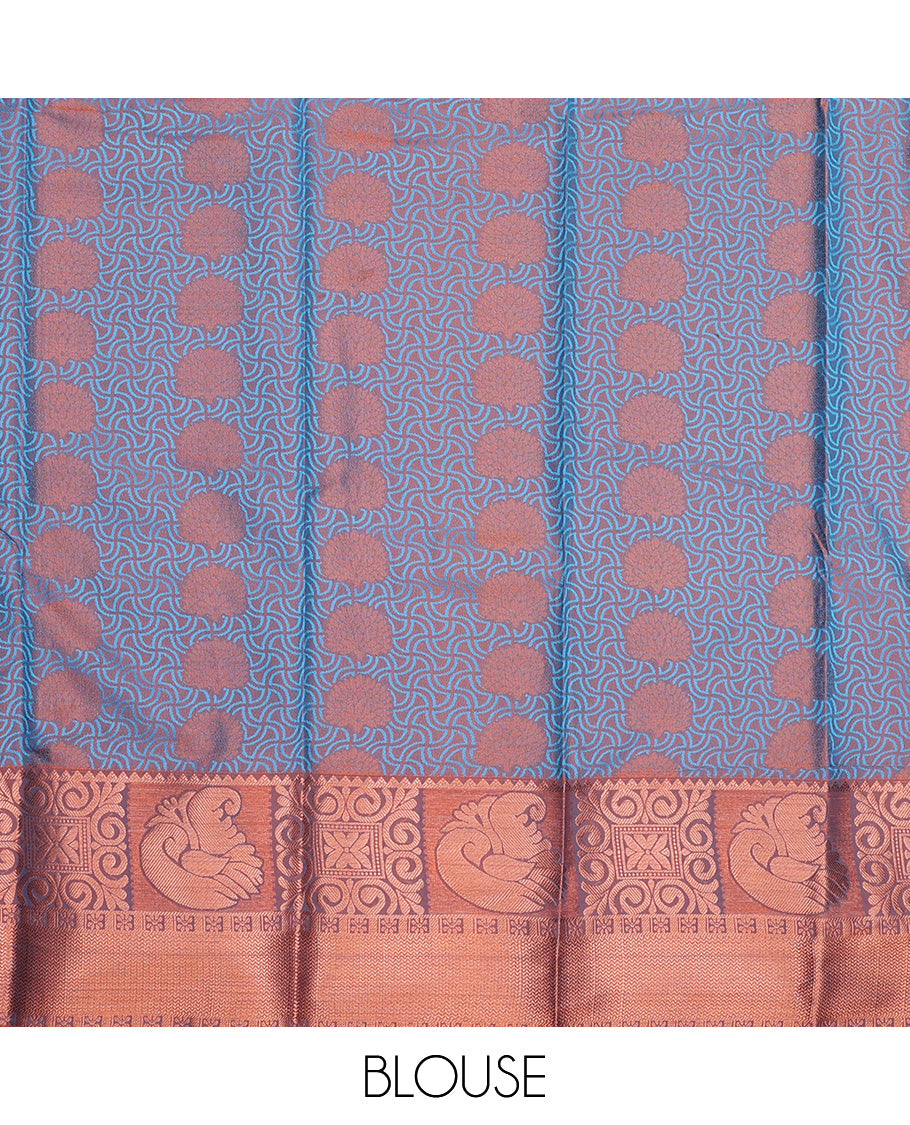 Azure blue art silk pavadai set, embossed, zari buttas and contrast traditional zari bordered skirt and a contrast dual-toned zari border blouse