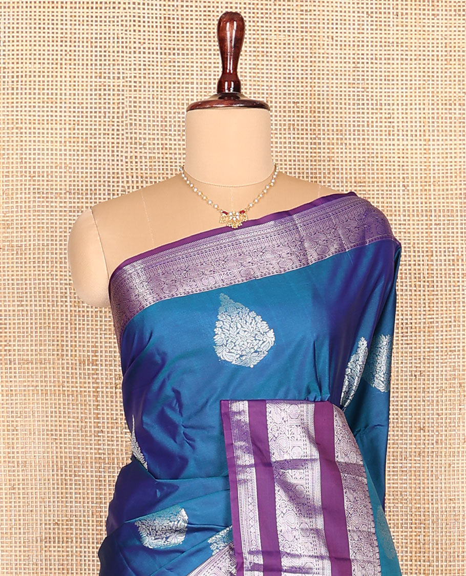 Blue zari buttas budget silk saree, contrast varisai pettu traditional zari design border, and pallu of paisleys