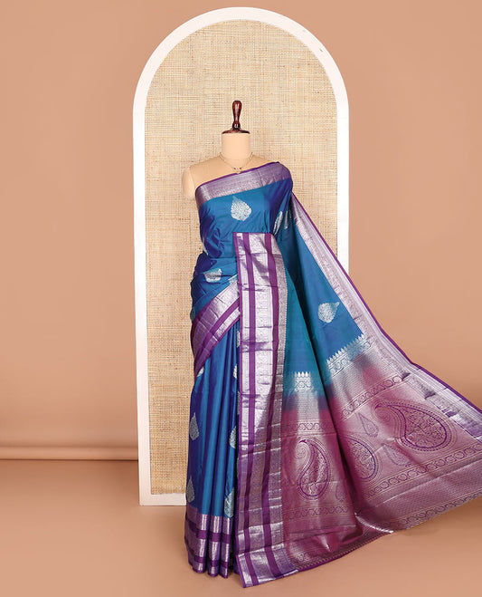 Blue zari buttas budget silk saree, contrast varisai pettu traditional zari design border, and pallu of paisleys