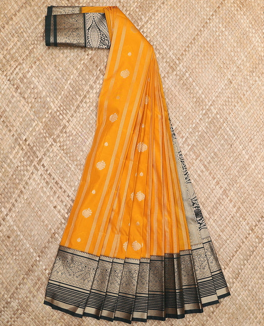 Orange zari buttas and striped budget silk saree, contrast traditional zari border, and Mughal-style intricately woven pallu