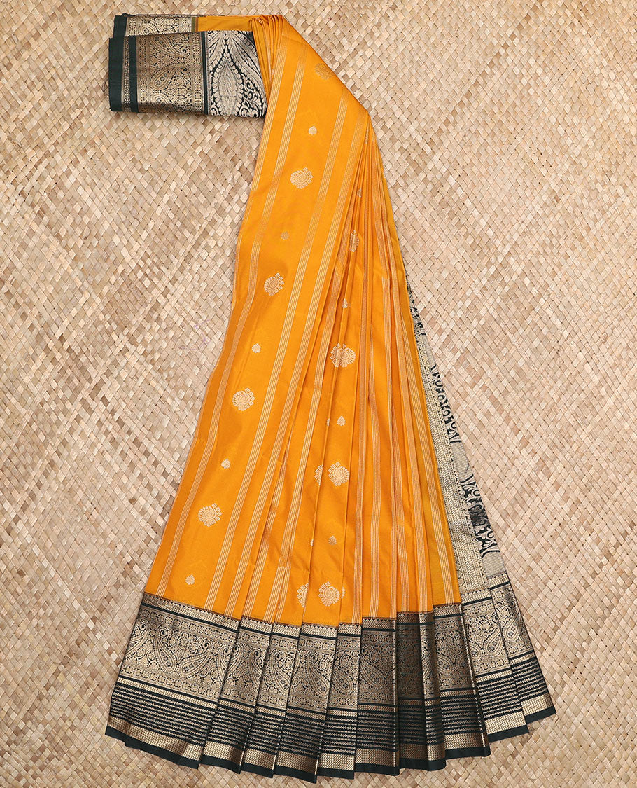 Orange zari buttas and striped budget silk saree, contrast traditional zari border, and Mughal-style intricately woven pallu