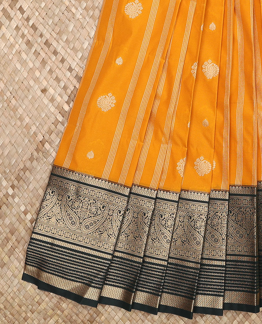 Orange zari buttas and striped budget silk saree, contrast traditional zari border, and Mughal-style intricately woven pallu