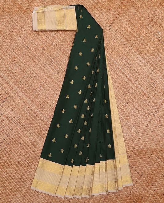 Dark green zari buttas gift saree, contrast traditional zari design border, and jaal pallu