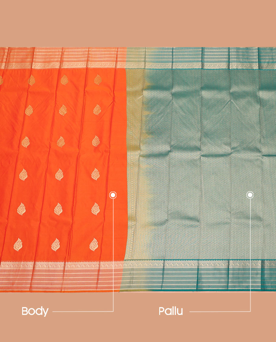 Orange Budget Silk Saree Highlighted by Zari Peacock Buttas, Featuring a Traditional Zari-Design Steeped Border, Captivating Contrast Jaal Pallu, and a Contrast Blouse