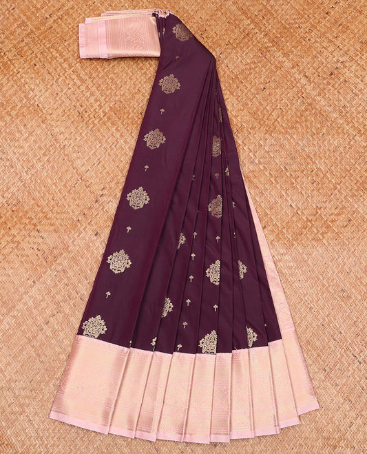 Purple Budget Silk Saree, Beautifully Bedecked with Zari Buttas on Its Body, Complemented by a Contrast Traditional Zari Border, Grand Jaal Pallu, and Paired with a Contrast Blouse