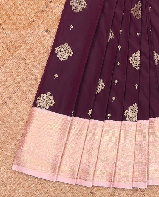 Purple Budget Silk Saree, Beautifully Bedecked with Zari Buttas on Its Body, Complemented by a Contrast Traditional Zari Border, Grand Jaal Pallu, and Paired with a Contrast Blouse