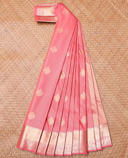 Pink Budget Silk Saree, Embellished with Zari Buttas and Zari Checks All Over Its Body, Highlighted by a Traditional Zari Design Border of Floral Creeper Designs, Pallu of Jaal Designs, and Paired with a Matching Blouse