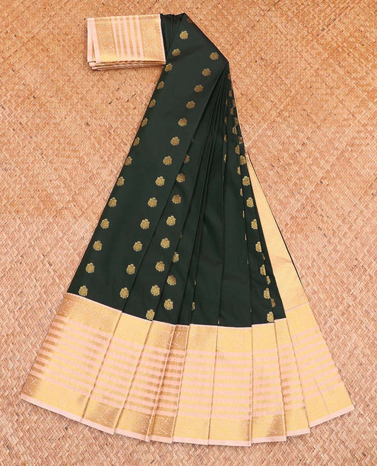 Green Budget Silk Saree, Enthralled with Zari Buttas All Over Its Body, Complemented by a Contrast Traditional Zari Design Border of Peacock Designs, Grand Jaal Pallu, and Paired with a Contrast Blouse