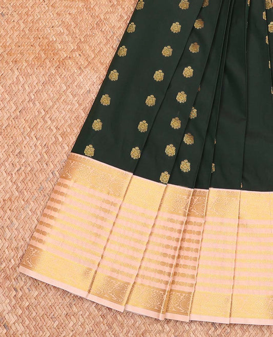 Green Budget Silk Saree, Enthralled with Zari Buttas All Over Its Body, Complemented by a Contrast Traditional Zari Design Border of Peacock Designs, Grand Jaal Pallu, and Paired with a Contrast Blouse