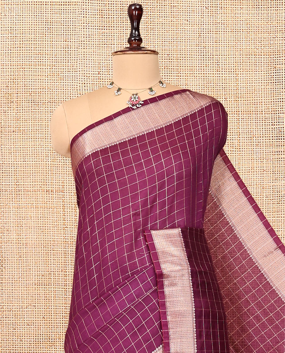 Purple Assam Silk Saree, Delicately Woven with Checks, Highlighted by a Traditional Border, a Self-Pallu, and a Matching Blouse